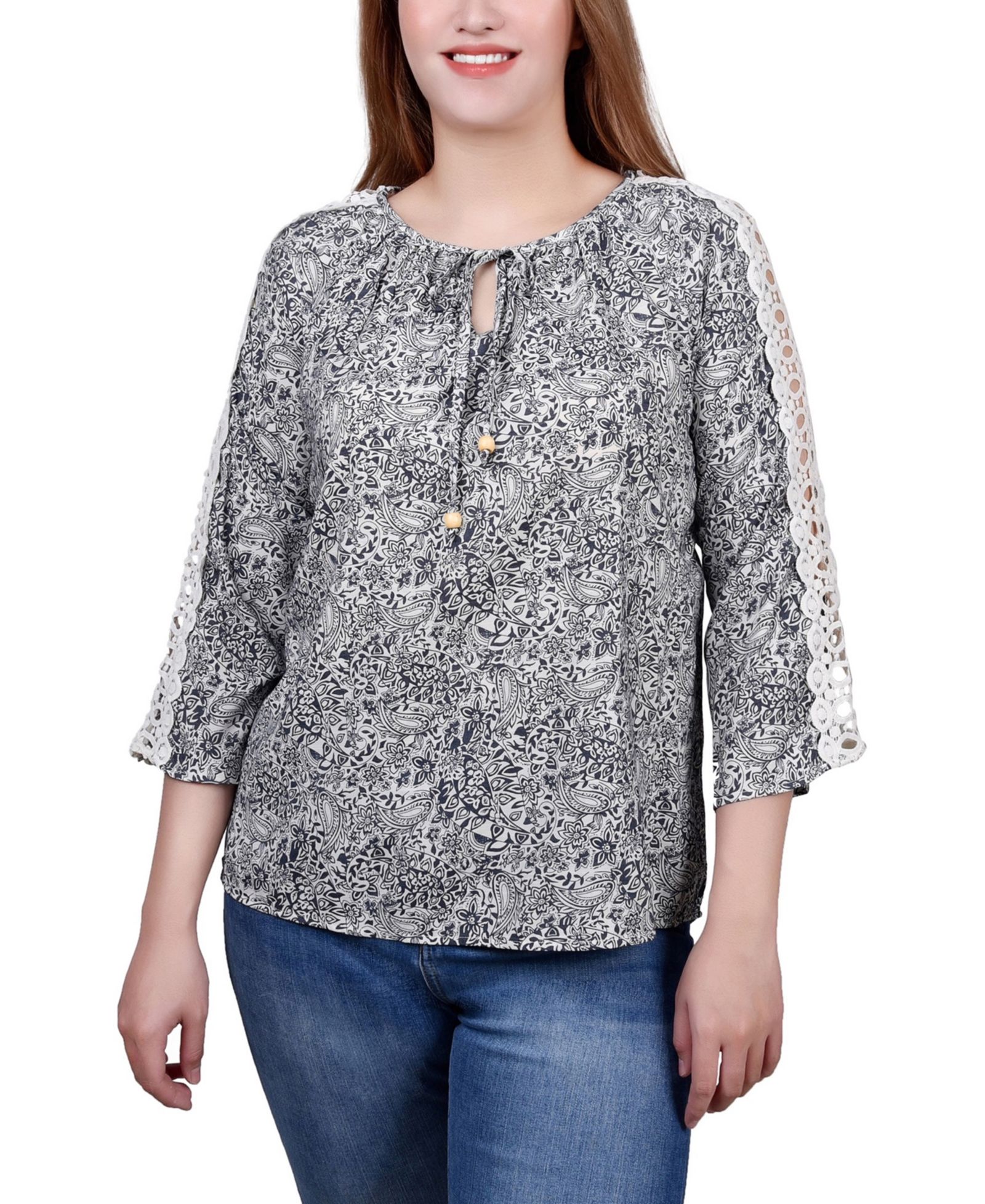 NY Collection Petite 3/4 Sleeve Tunic with Crochet and Tie Neck