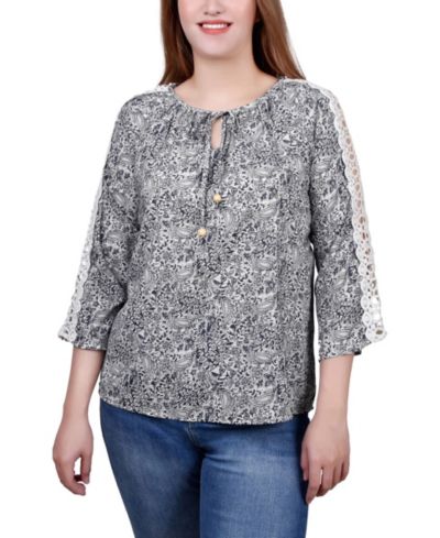 NY Collection туника Petite с рукавом 3/4 с отделкой кроше и завязками на шее