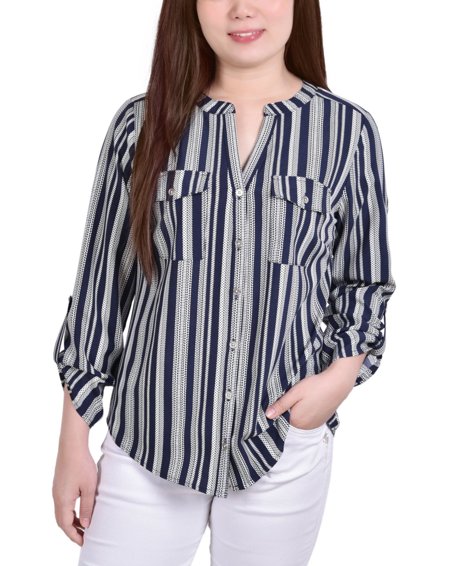 Блузка Petite 3/4 Sleeve Roll Tab Y Neck