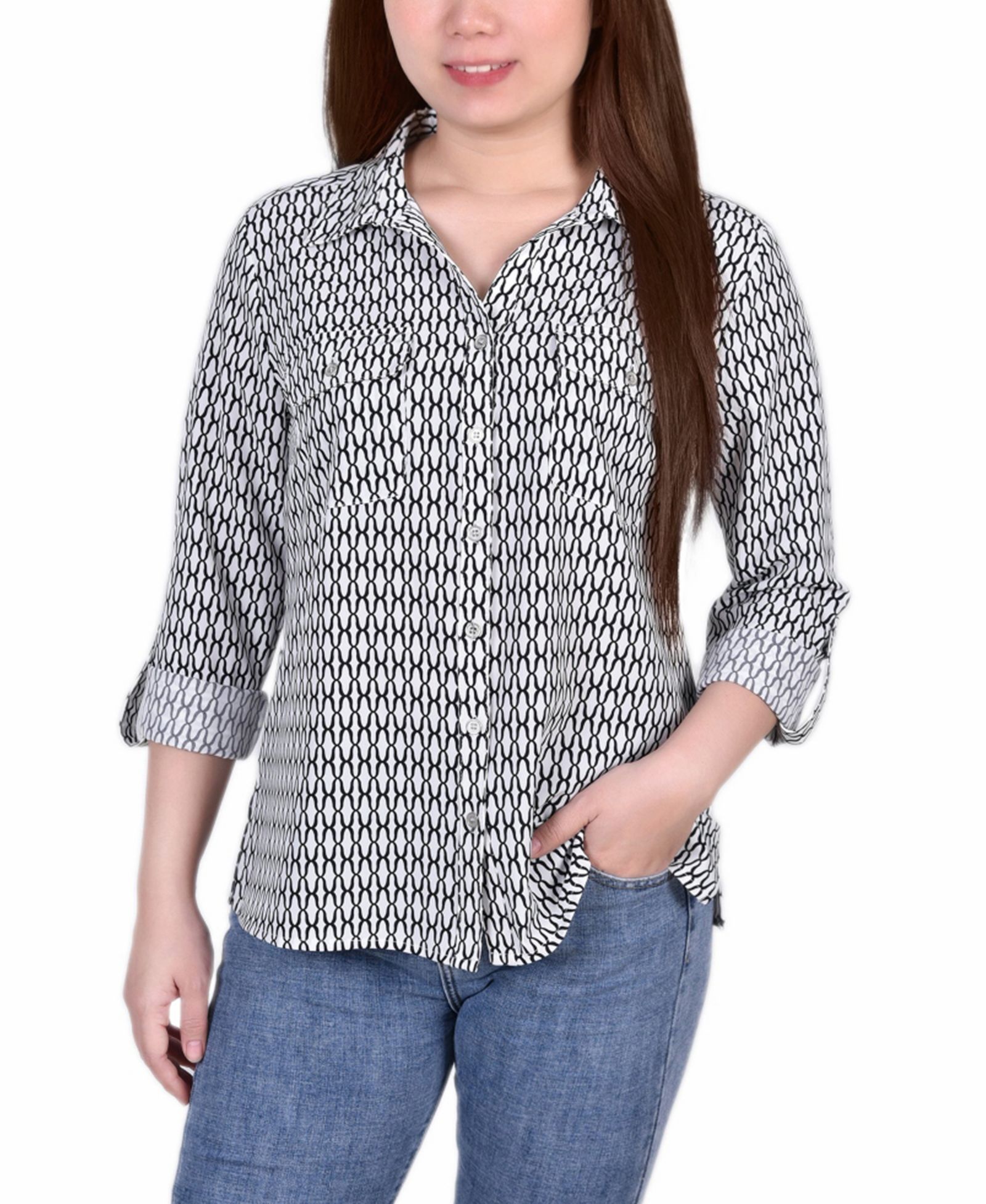 Блузка Petite 3/4 Sleeve Roll Tab Notch Collar