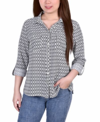 Блузка Petite 3/4 Sleeve Roll Tab Notch Collar