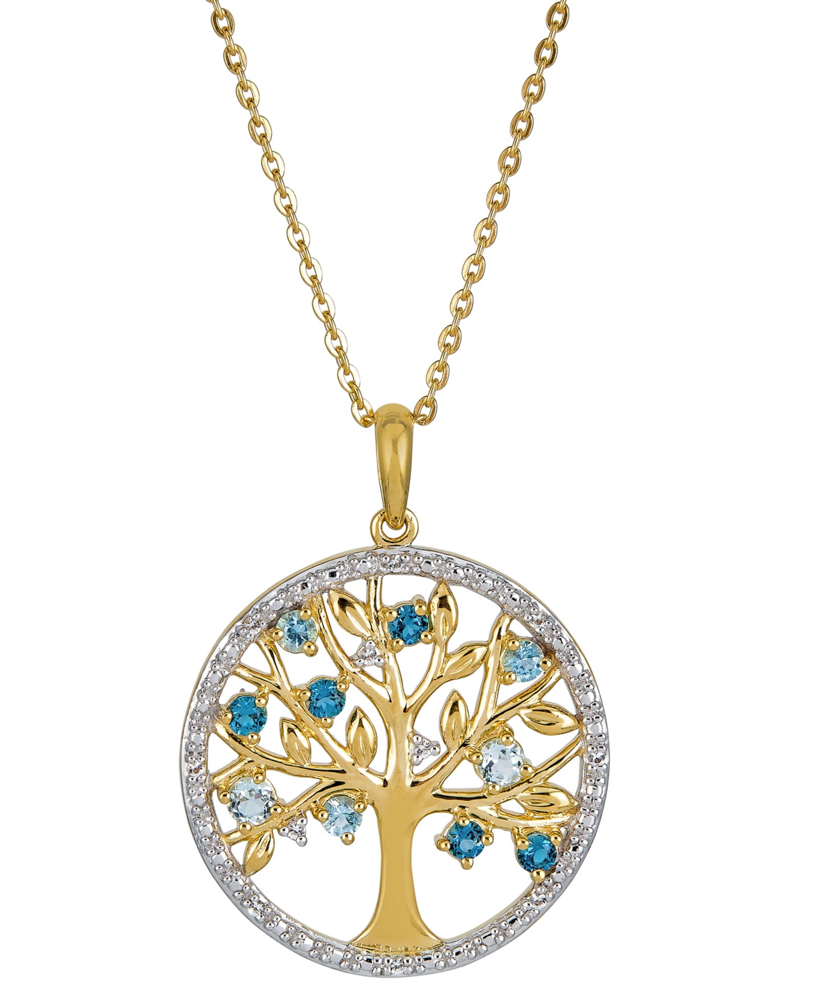 Подвеска-кулон Tree of Life с голубым топазом и белым топазом, 18" в позолоченном серебре 14k