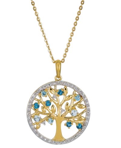 Подвеска-кулон Tree of Life с голубым топазом и белым топазом, 18" в позолоченном серебре 14k