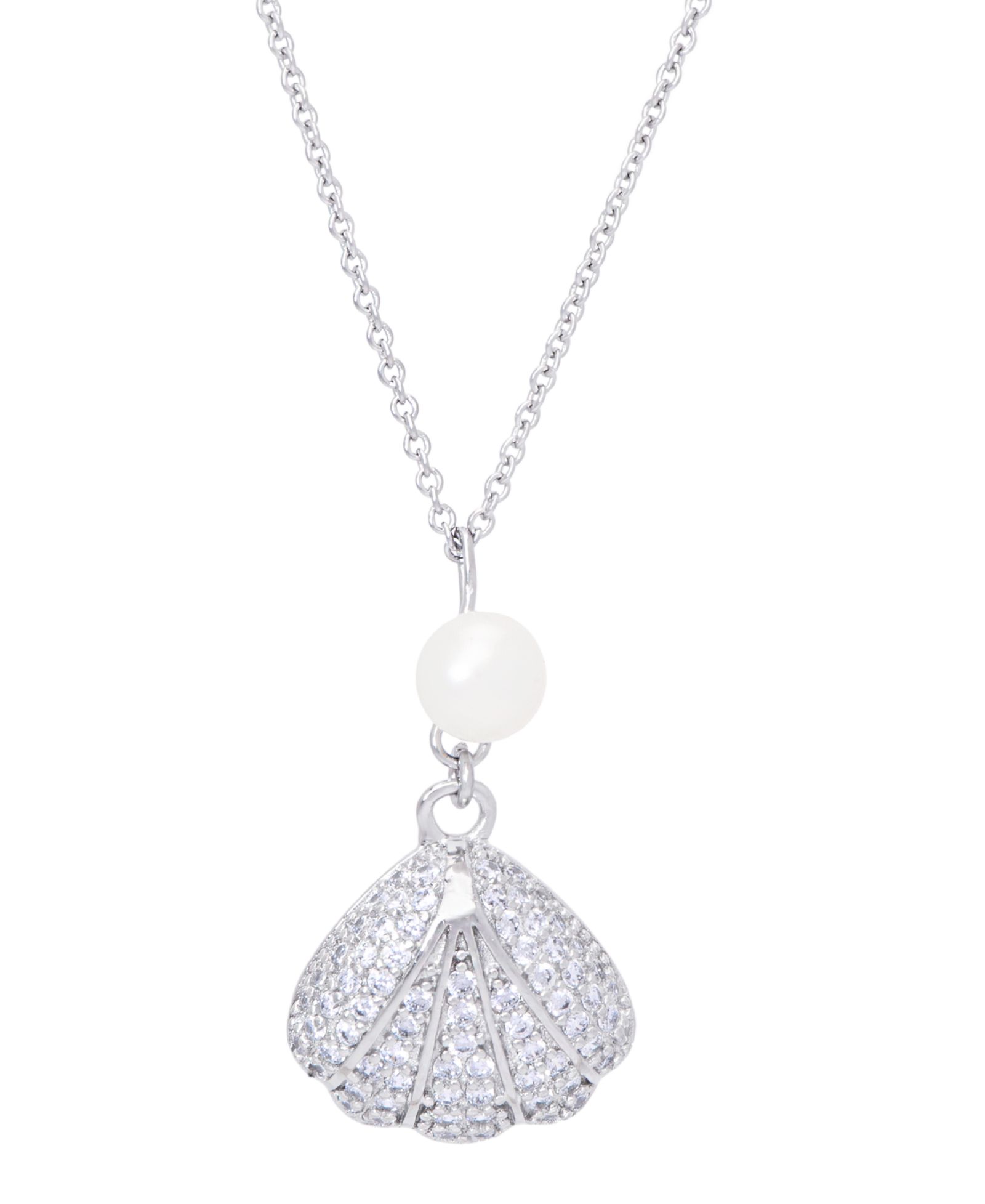 Подвеска-ракушка с натуральным речным жемчугом и фианитами Cubic Zirconia 18" в серебряном напылении