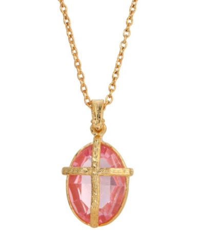 Ожерелье Symbols of Faith 14K Gold Dipped Light Pink Oval Stone Crystal Cross