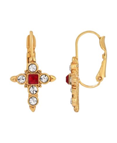 Серьги Symbols of Faith 14K Gold-Dipped Crystal Dark Red Cross