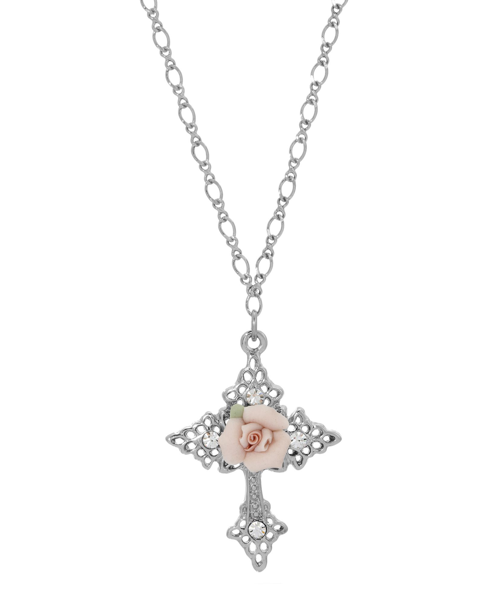 Подвеска-кулон Silver-Tone Crystal Porcelain Rose Cross