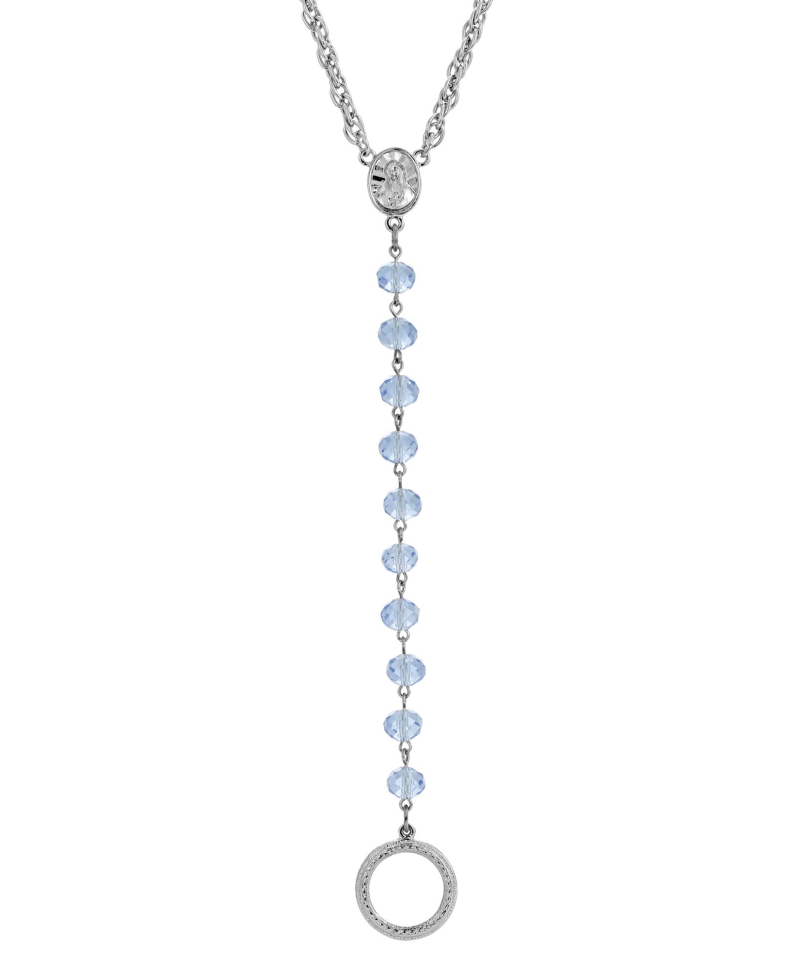 Silver-Tone Blue Beaded Mary Medallion Necklace with Eyeglass Holder