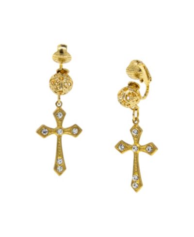 Symbols of Faith серьги-клипсы с крестом, 14K Gold Dipped Crystal