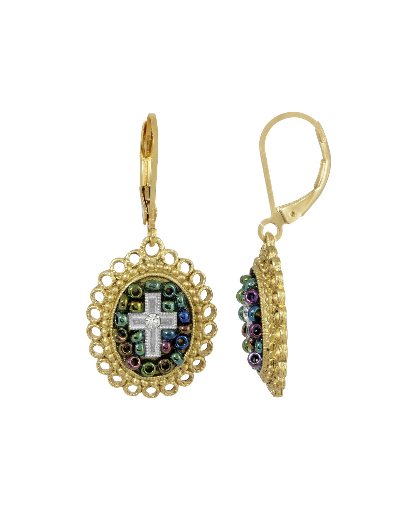 14K Gold Dipped Carded Multi Color Beaded Crystal Cross Euro Wire Earring