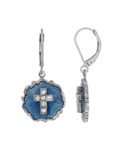 Серьги Symbols of Faith Silver-Tone Blue Enamel Crystal Cross Round