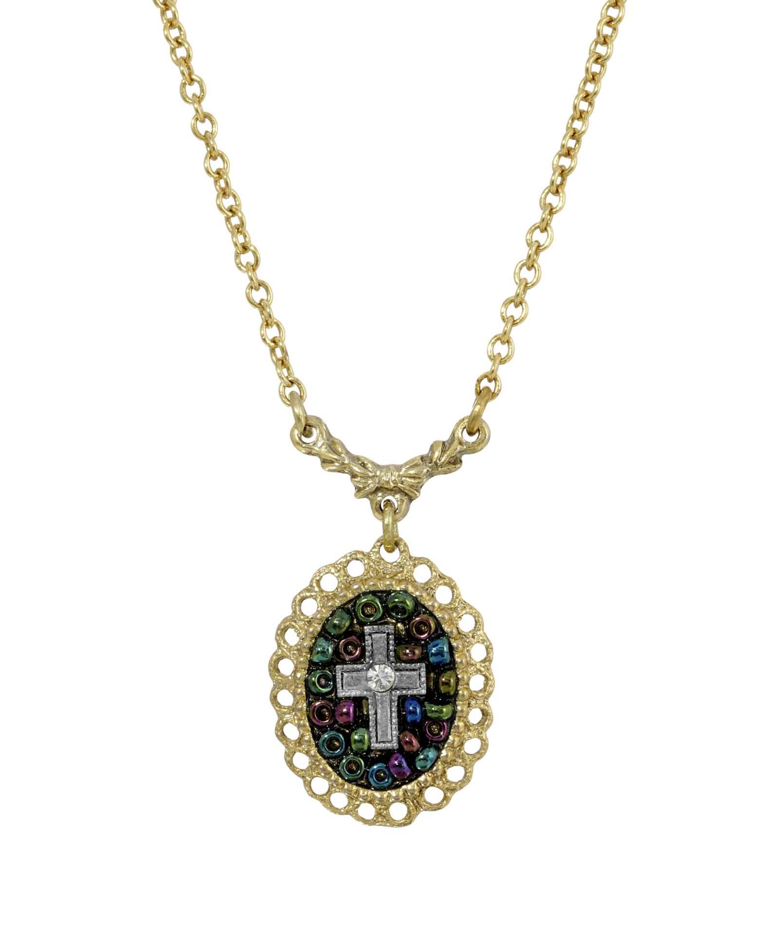 14K Gold Dipped Carded Oval Multi Color Beaded Crystal Cross Necklace
