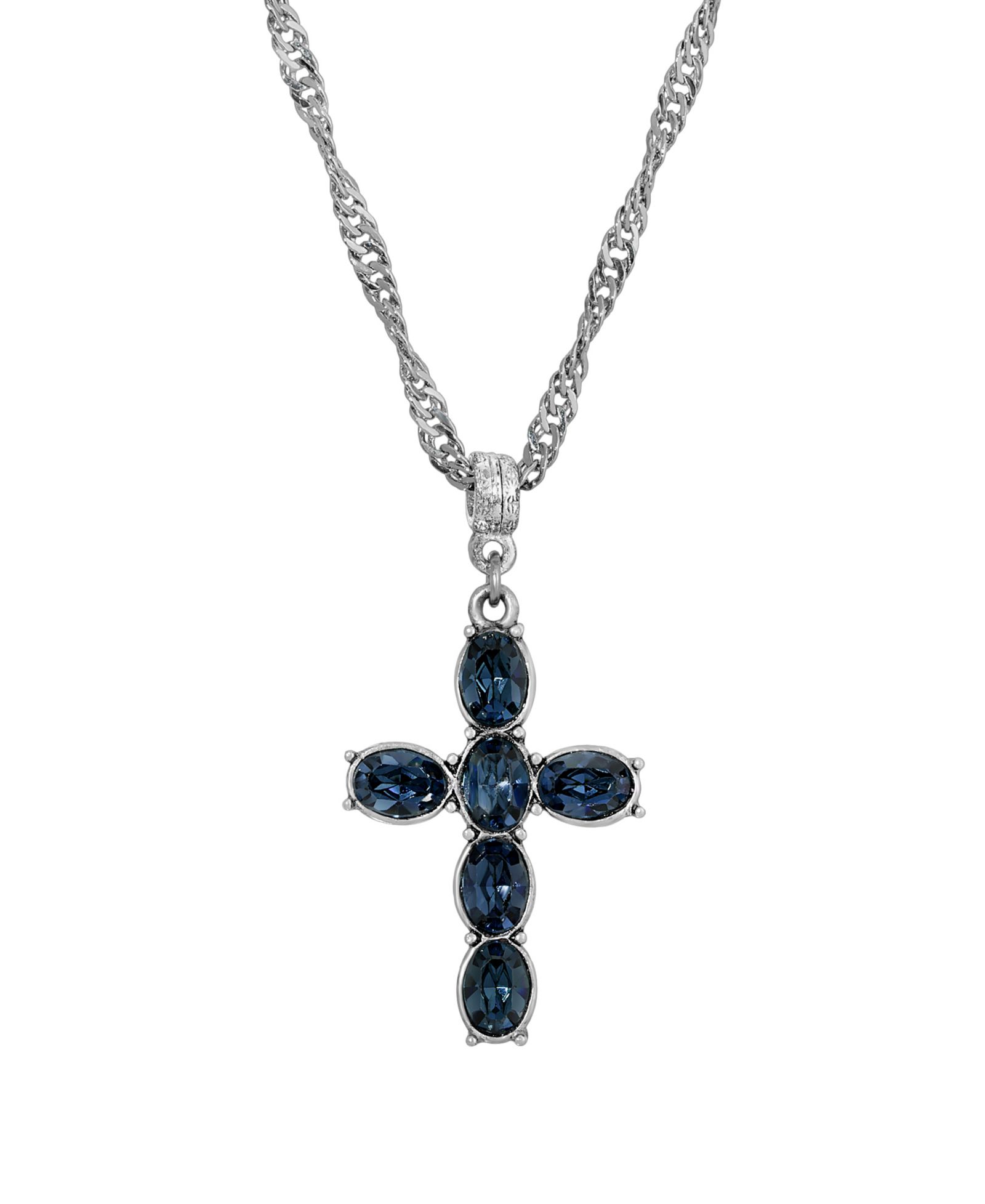 Pewter Blue Crystal Cross Silver-Tone Twisted Necklace