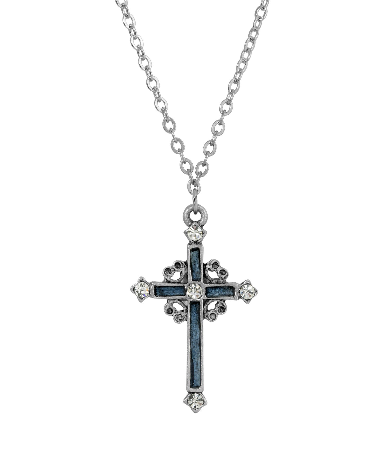 Pewter Blue Hand Enamel Cross with Crystals Necklace