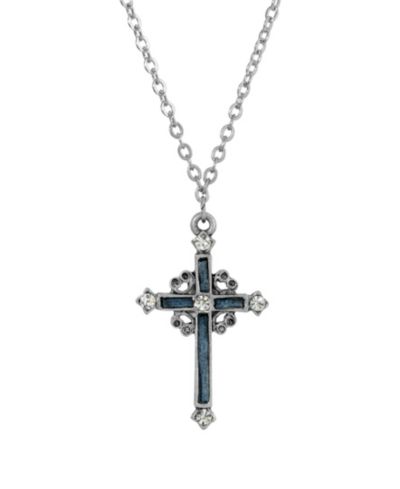 Pewter Blue Hand Enamel Cross with Crystals Necklace