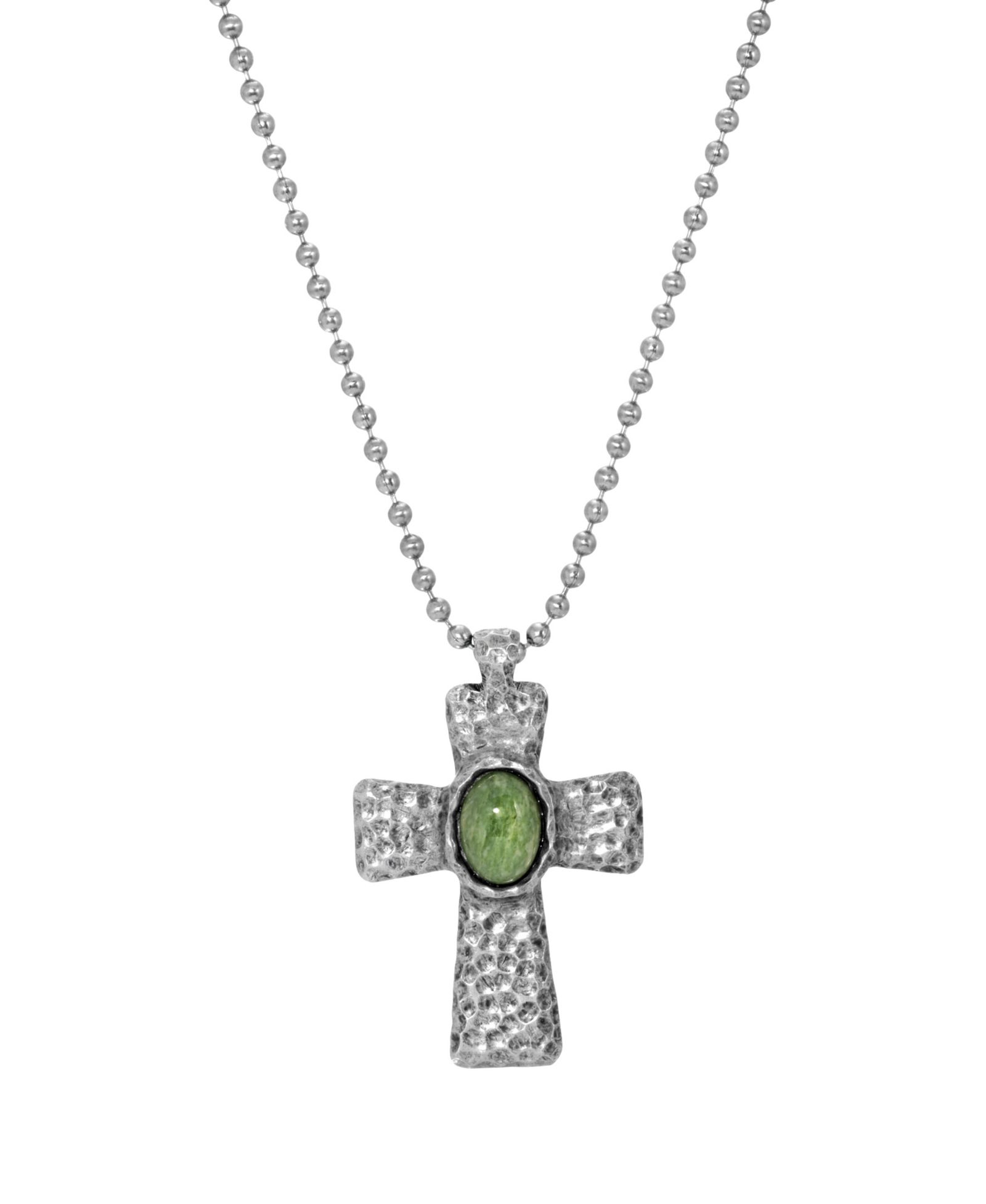 Men's Silver-Tone Green Hammered Metal Cross Necklace