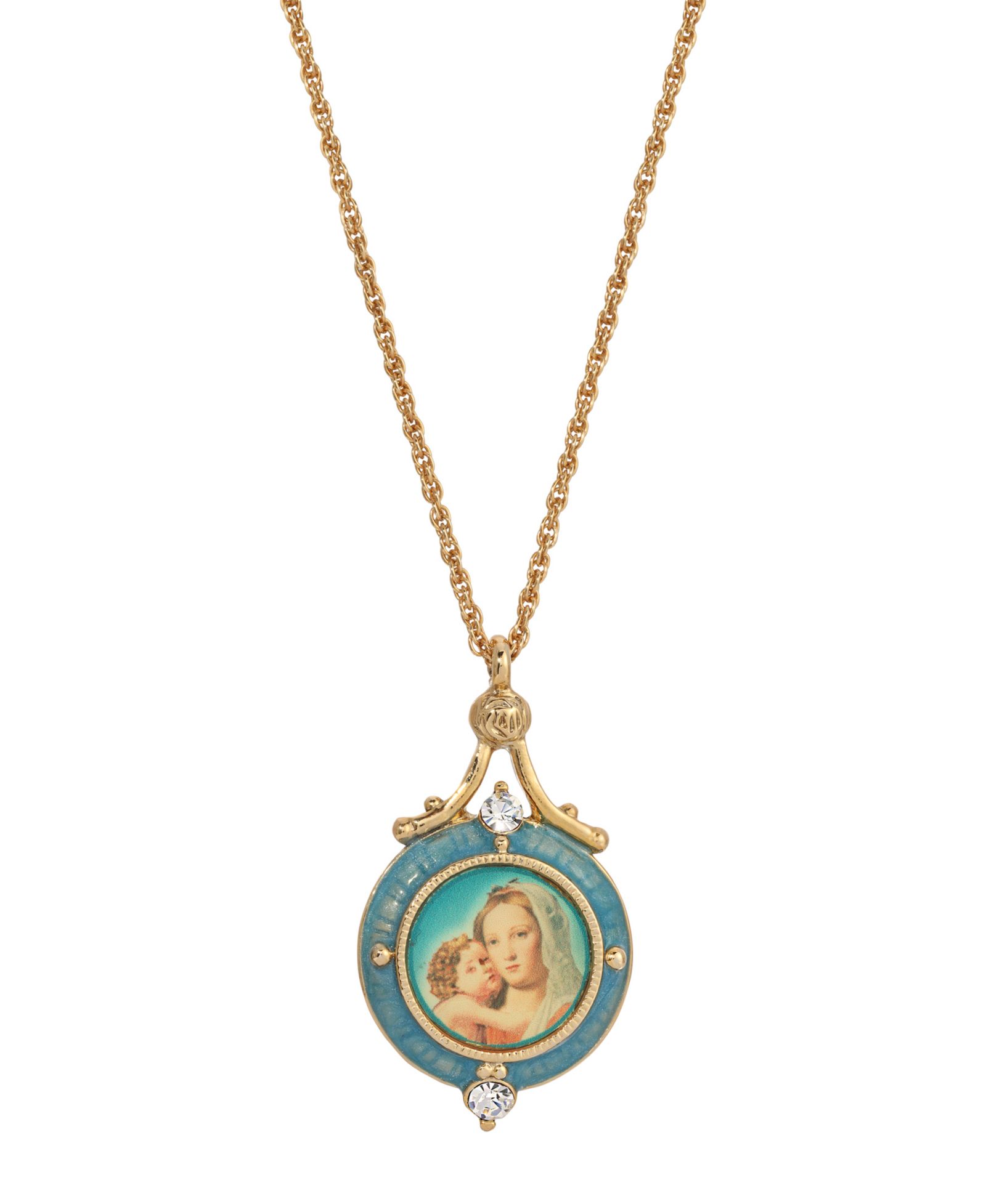 14K Gold-Dipped Blue Enamel Mary and Child Pendant Necklace