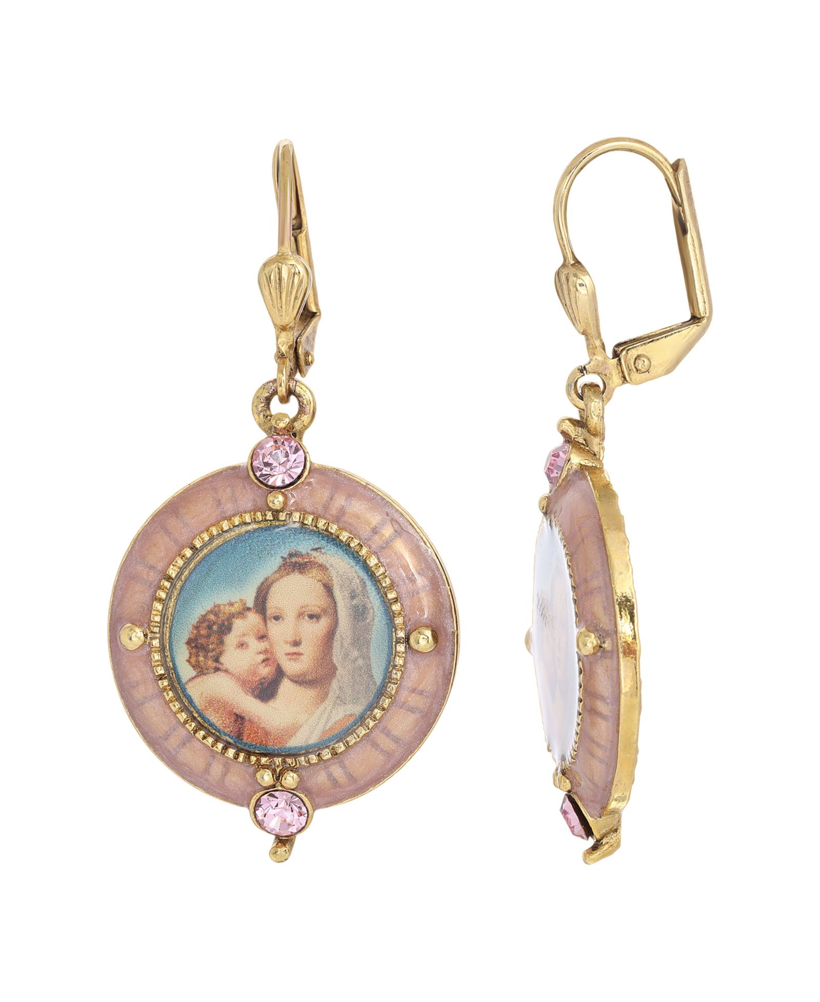 14K Gold-Dipped Crystal Enamel Mary and Child Decal Image Earrings