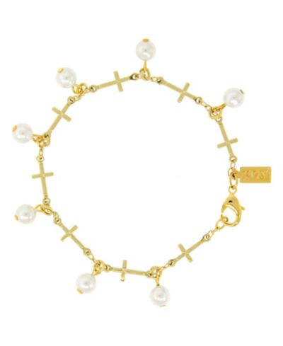 Symbols of Faith браслет с имитацией жемчуга и крестами 14K Gold Dipped