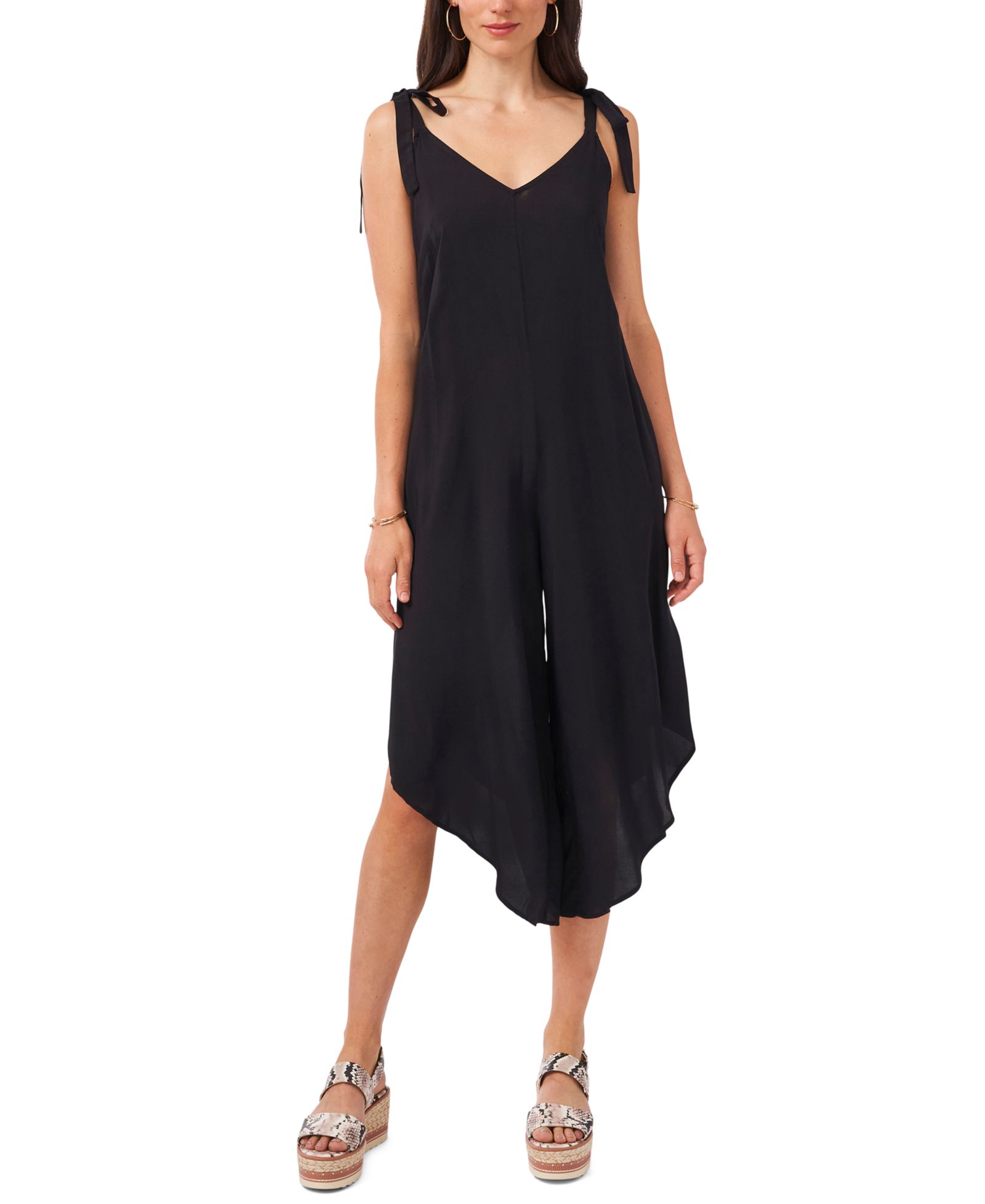 Vince Camuto Women's V-Neck Sleeveless Tie-Shoulder Angled-Hem Jumpsuit