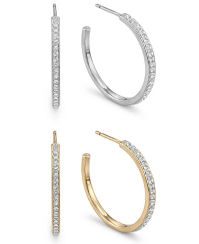 And Now This High Polished Clear Crystal Duo C Hoop Earring Pair, Gold Plate and Silver Plate