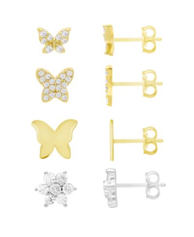 And Now This High Polished and Cubic Zirconia Butterfly Flower Mix Match 4 Stud Earring Set, Gold Plate and Silver Plate