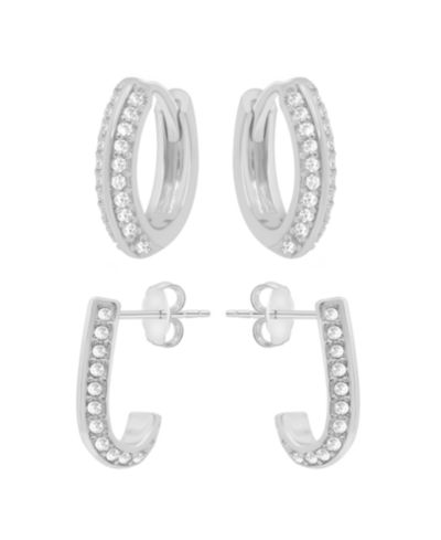 And Now This Cubic Zirconia Huggie Hoop and J Hoop Duo Set, Gold Plate and Silver Plate