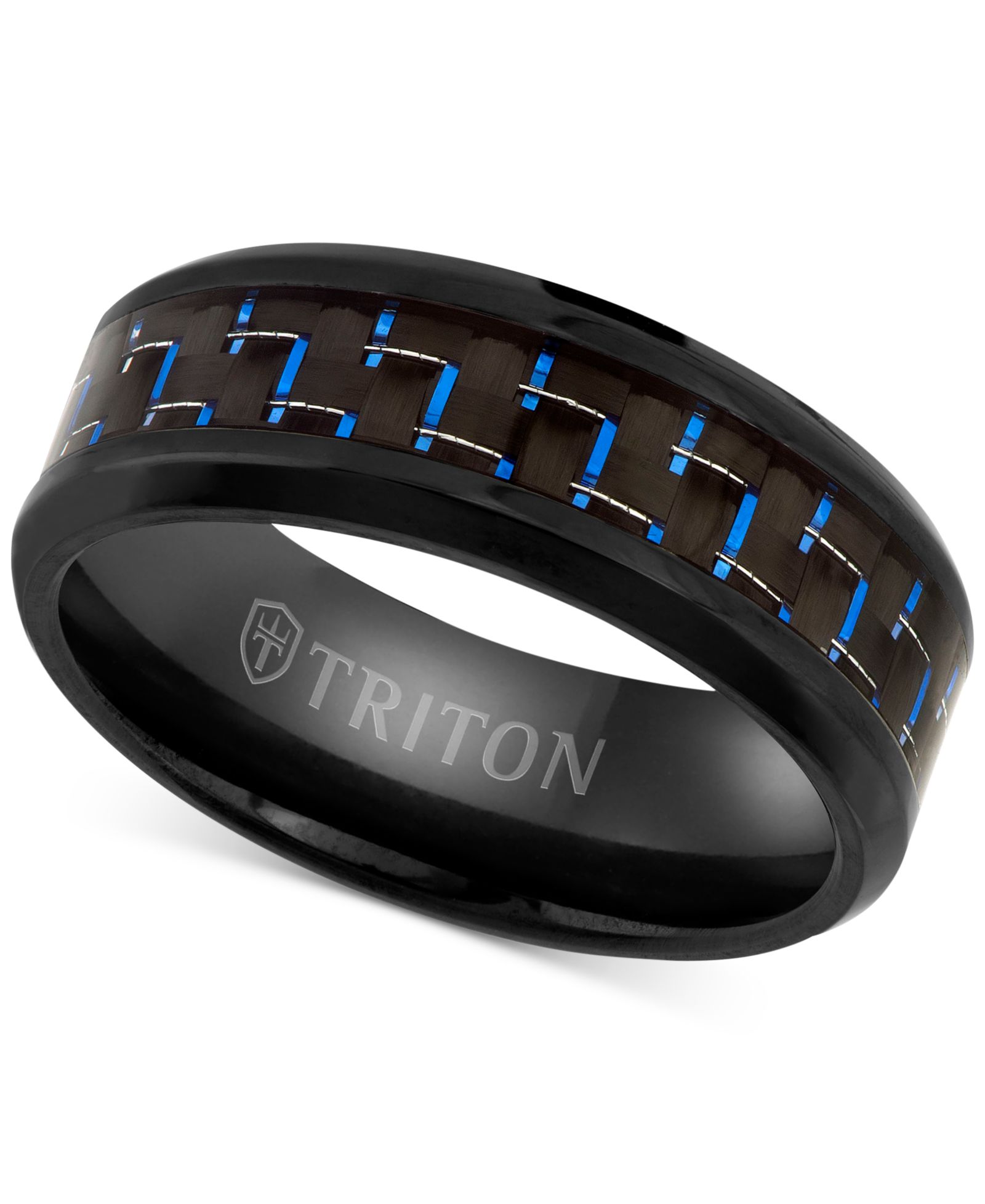 Triton Men's Blue Carbon Fiber Inlay Comfort Fit Band in Black Titanium