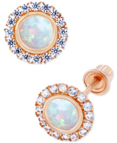 Lab-Grown Opal (1/5 ct. t.w.) & Lab-Grown White Sapphire (1/5 ct. t.w.) Halo Stud Earrings