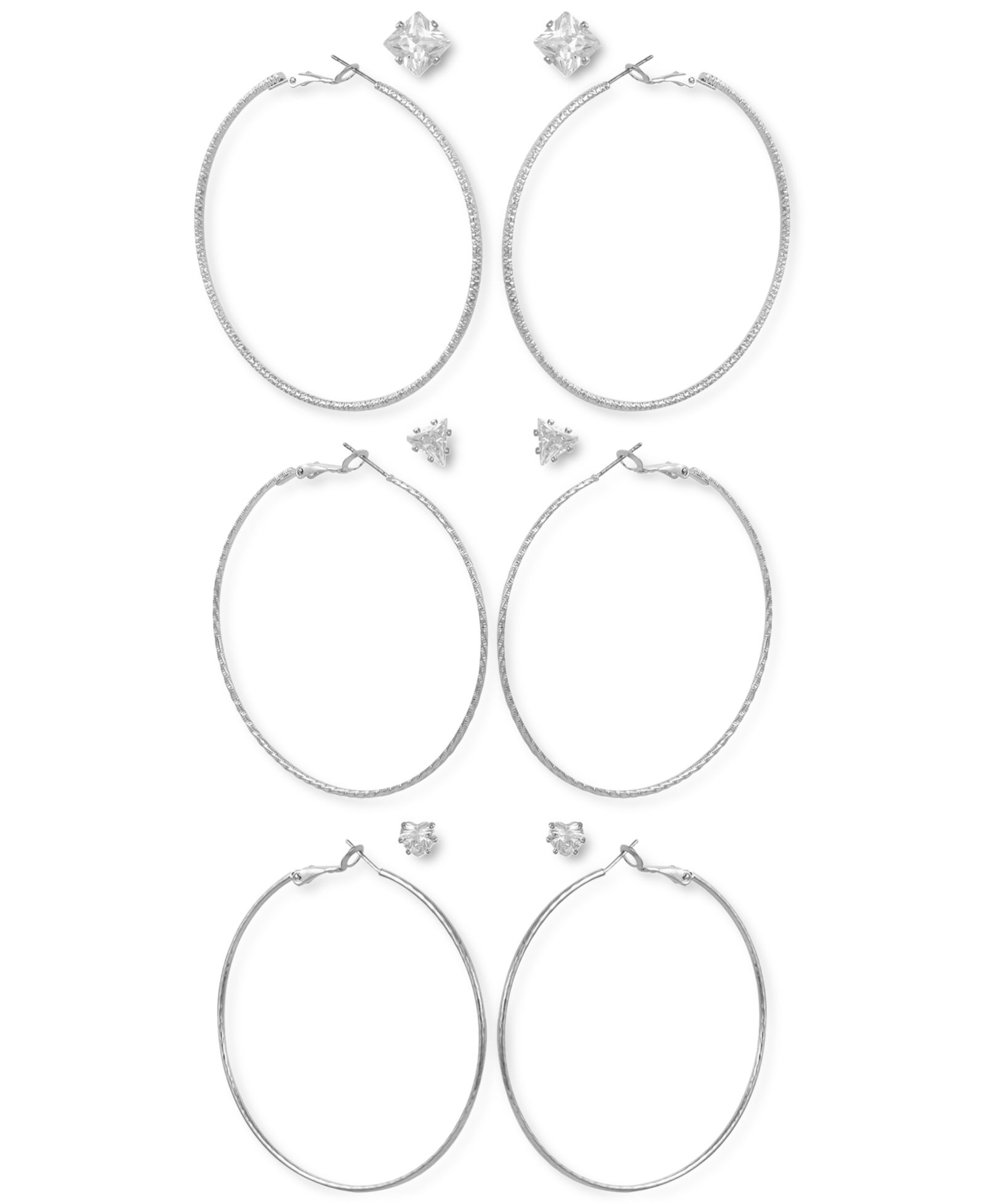 GUESS Silver-Tone 6-Pc. Set Mixed Crystal Stud & Textured Hoop Earrings