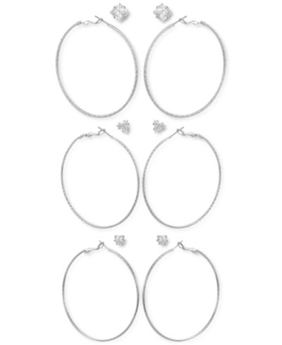 GUESS Silver-Tone 6-Pc. Set Mixed Crystal Stud & Textured Hoop Earrings