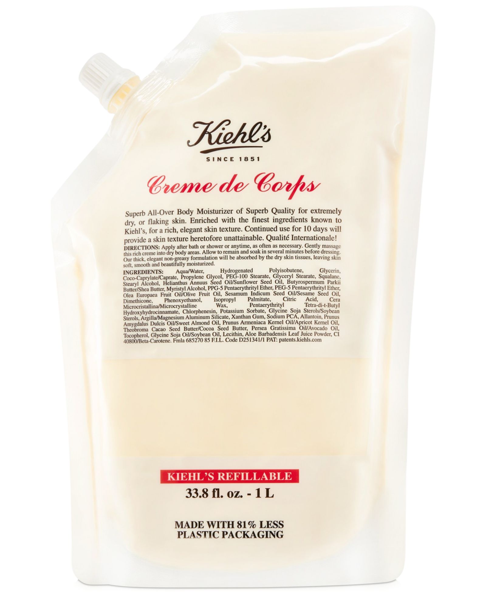 Kiehl's Since 1851 Крем для тела Creme de Corps с маслом какао, с рефилом, 33.8-oz.