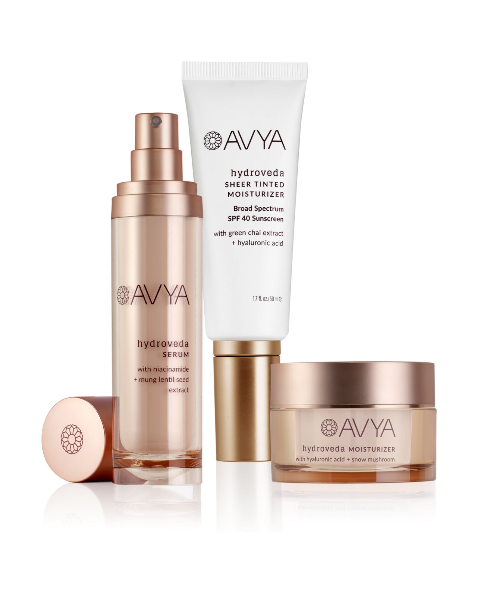 Набор AVYA Hydroveda Glow, Soothe and Sun Protect 3 предмета