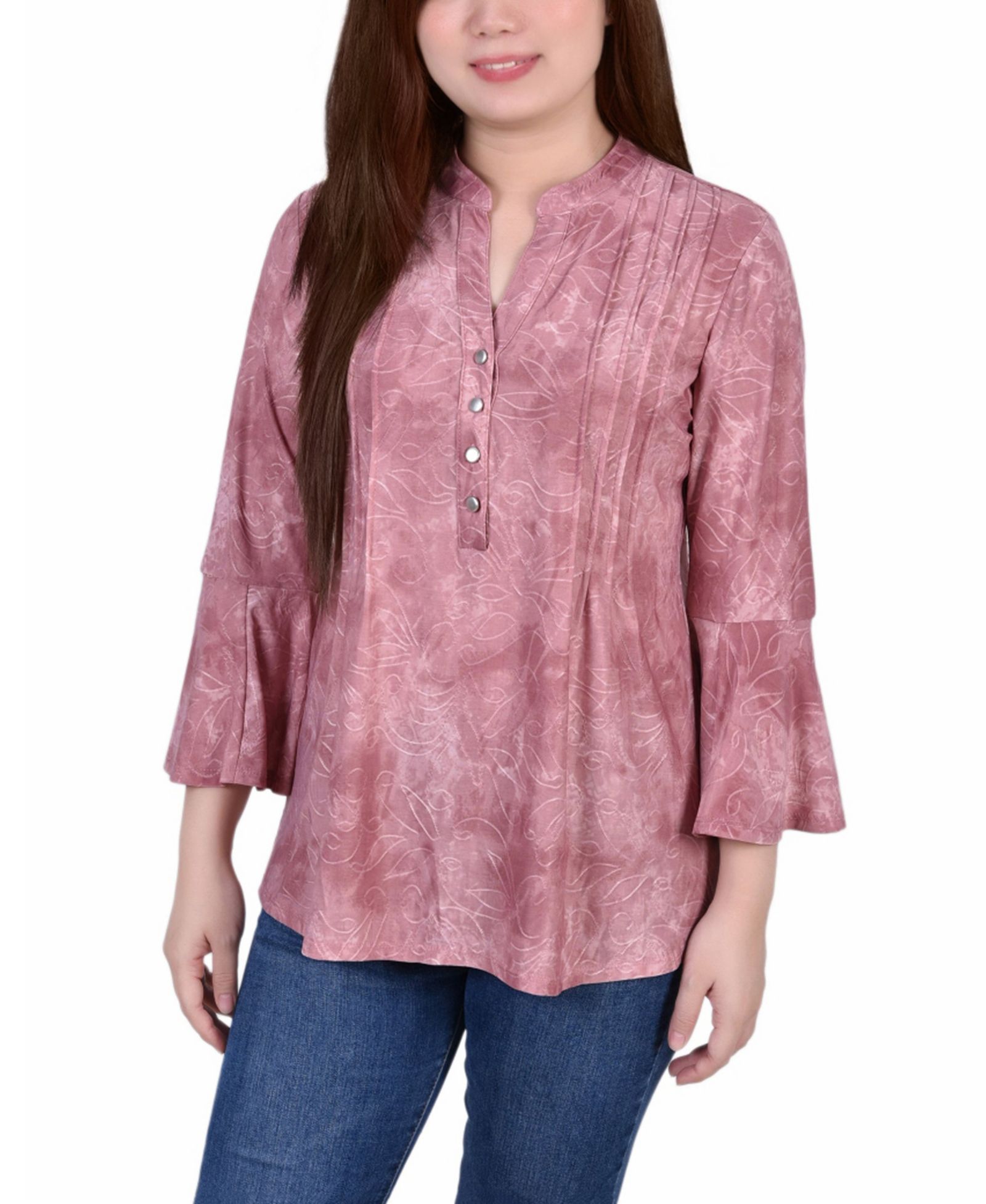 NY Collection Petite 3/4 Bell Sleeve Printed Pleat Front Y-neck Top