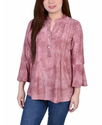 NY Collection Petite 3/4 Bell Sleeve Printed Pleat Front Y-neck Top