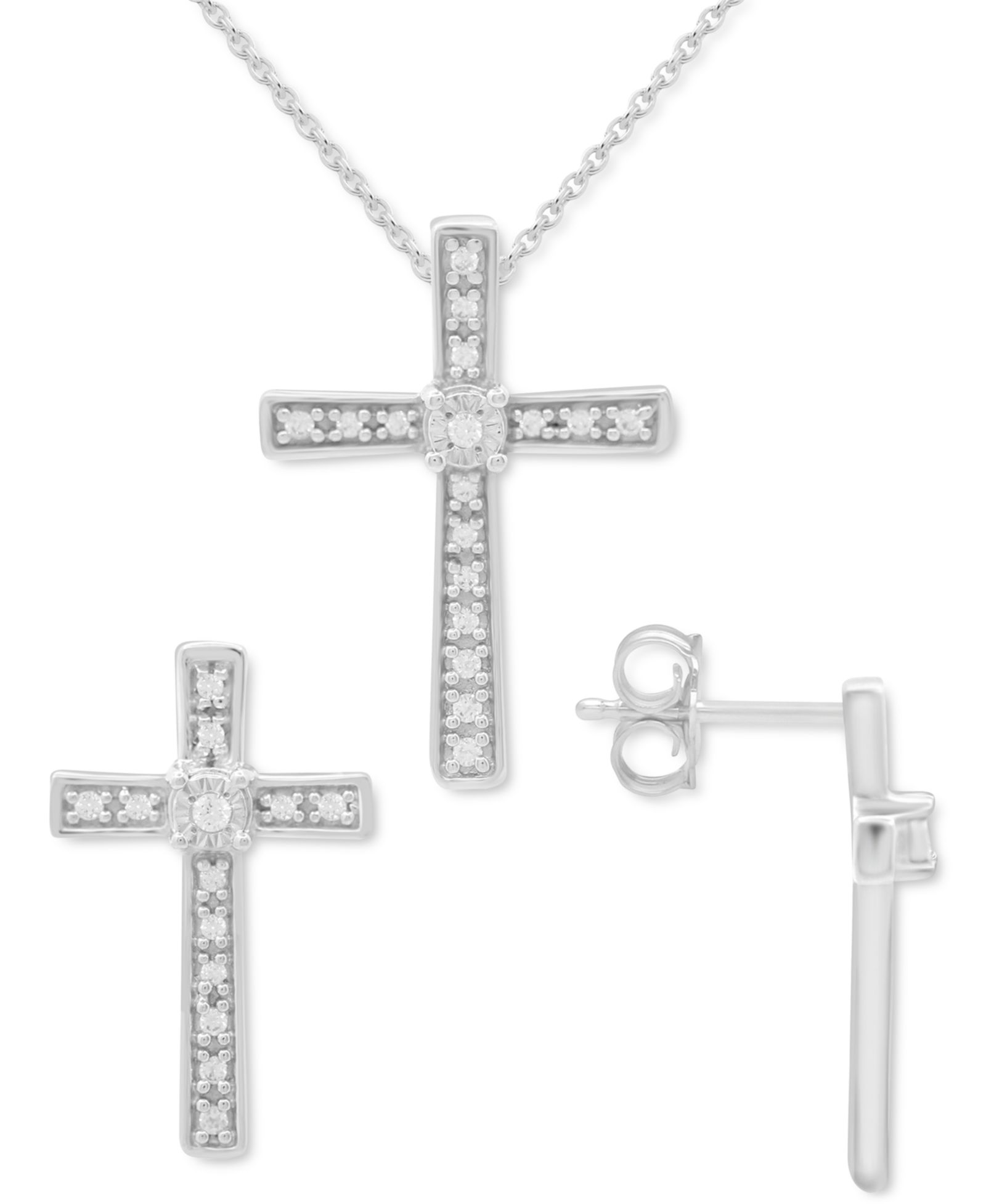 Набор из 2 шт.: Подвеска Diamond Cross и подходящие серьги-гвоздики в Sterling Silver