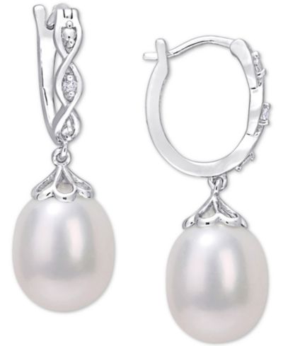 Серьги-кольца Macy's Cultured Freshwater Pearl (8mm) & Diamond Accent Dangle Hoop in Sterling Silver