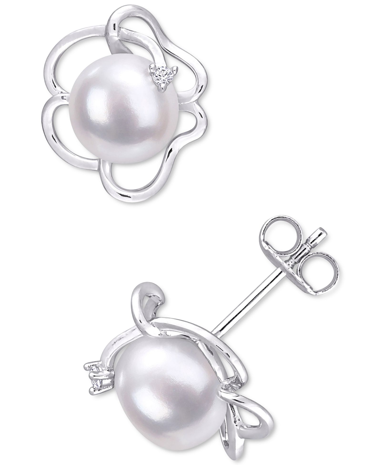 Серьги-гвоздики с речным жемчугом (7-1/2mm) и белым сапфиром в Sterling Silver