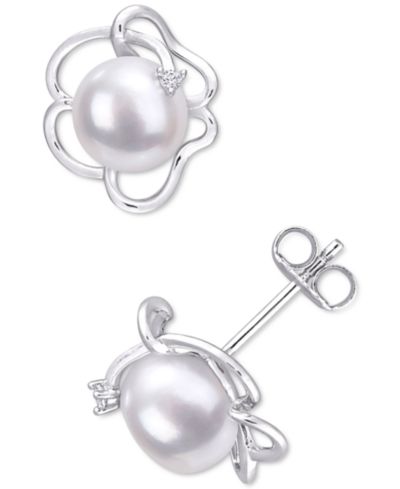 Серьги-гвоздики с речным жемчугом (7-1/2mm) и белым сапфиром в Sterling Silver