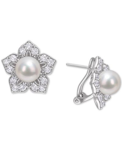 Серьги-гвоздики с культивированным речным жемчугом (8-1/2mm) и выращенным белым сапфиром (2-3/4 ct. t.w.) из стерлингового серебра