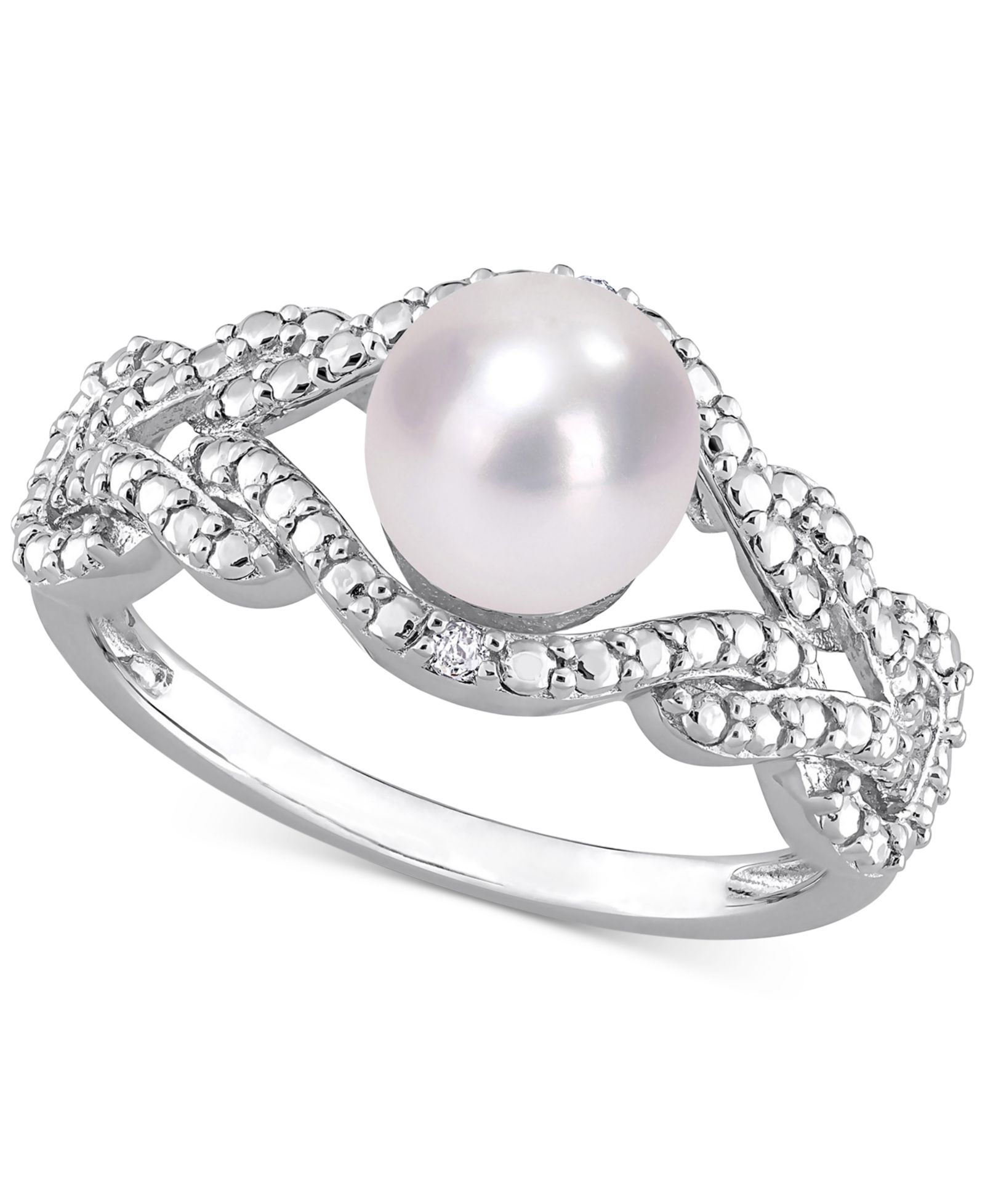 Cultured Freshwater Pearl (7mm) & Diamond Accent Openwork Ring in Sterling Silver