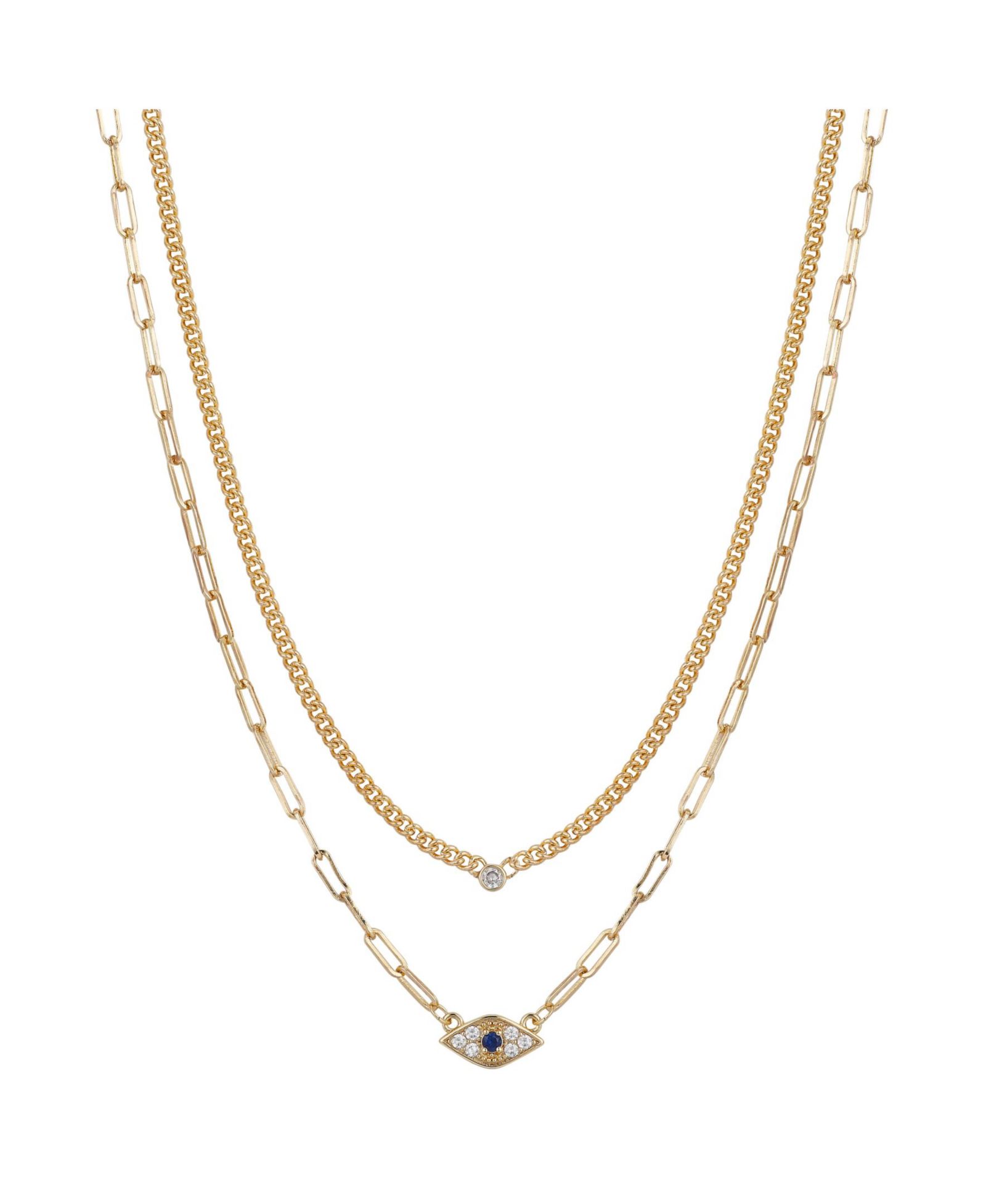 Gold Flash Plated Cubic Zirconia Evil Eye Layered Necklace, 16+2" Extender