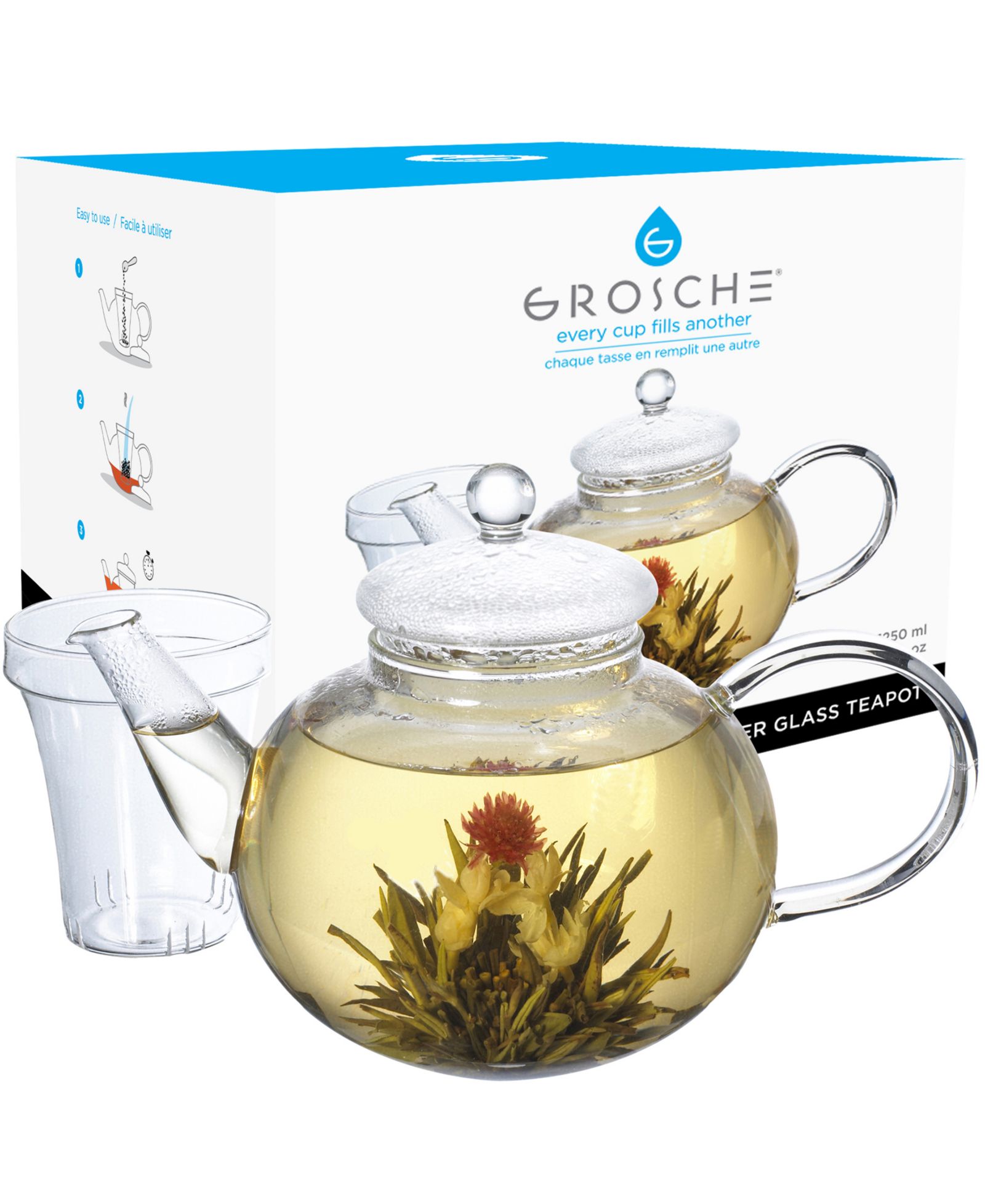 GROSCHE Monaco Glass Teapot with Glass Tea Infuser, 42 fl oz Capacity