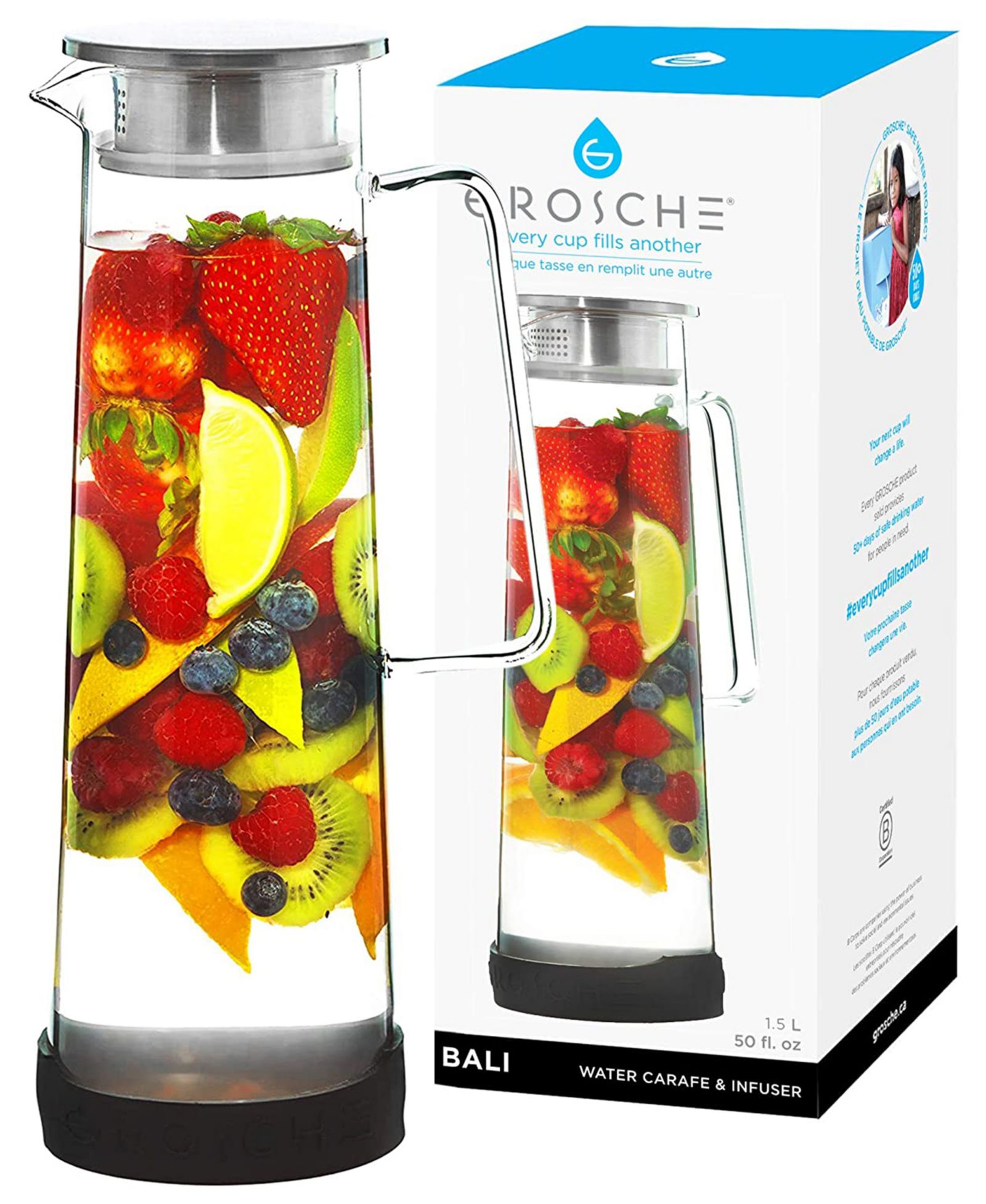 GROSCHE Bali Water Infuser Pitcher with Stainless Steel Filter Lid, 50 fl oz Capacity