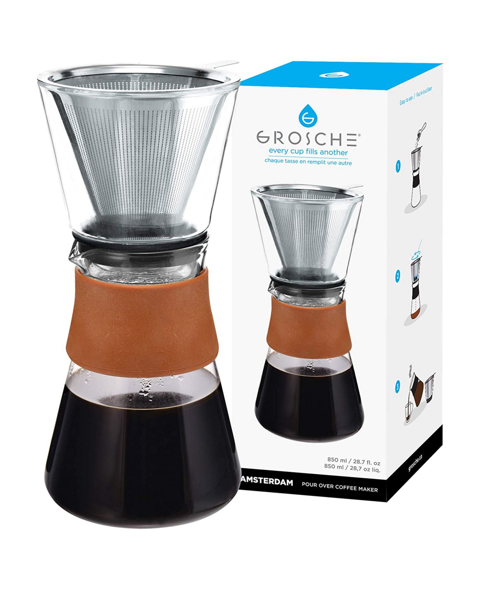 GROSCHE Amsterdam Pour Over Coffee Maker with Double Layer Permanent Stainless Steel Coffee Filter, 28.7 fl oz Capacity