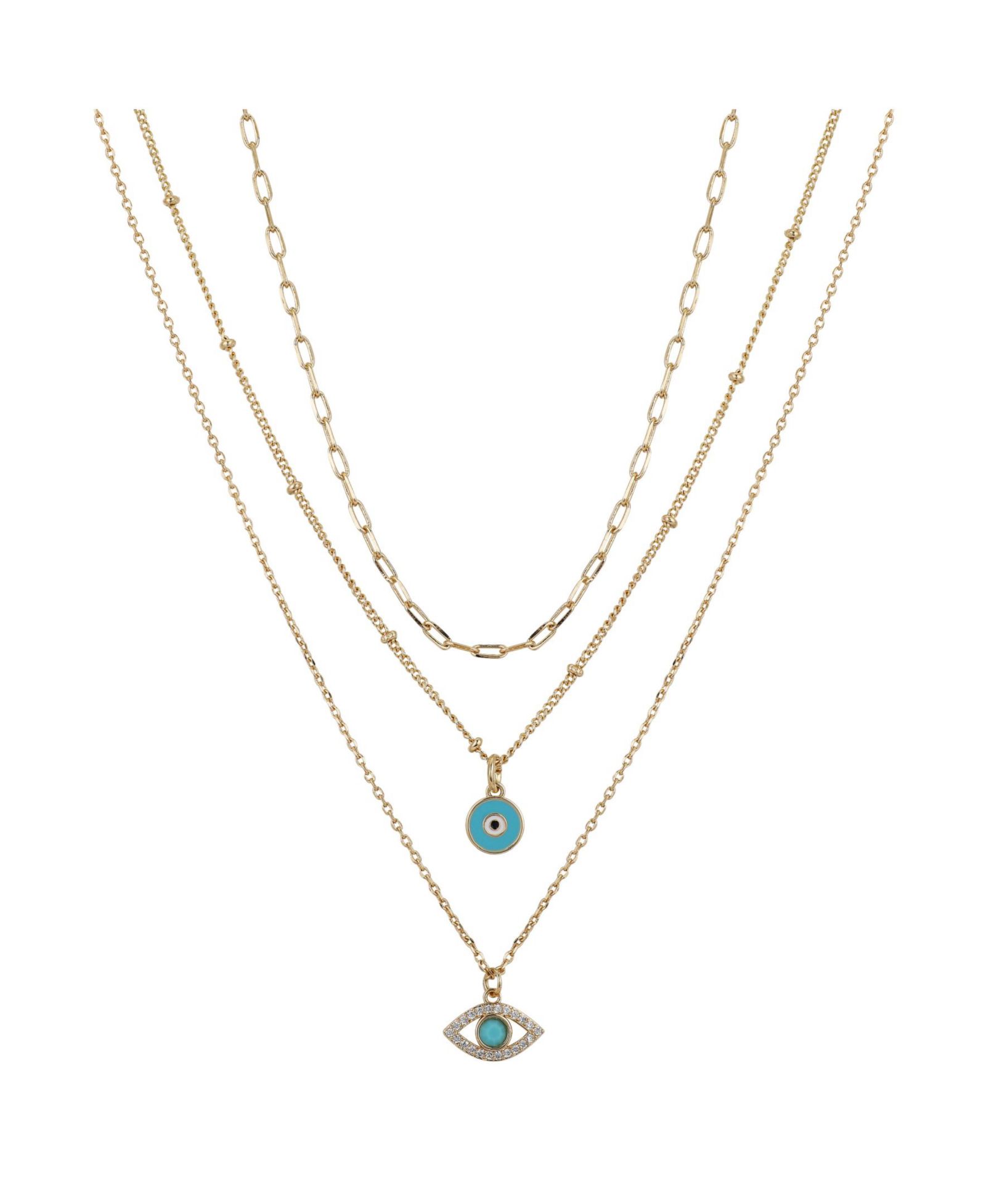 Silver Plated 3-Pieces Turquoise Crystal Evil Eye Layered Pendant Necklace Set