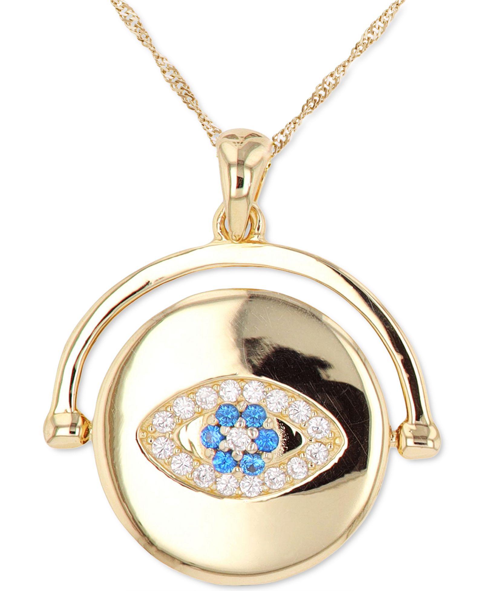 Подвеска Macy's Lab-Grown Blue Spinel (1/8 ct. t.w.) Cubic Zirconia Evil Eye Disc in 14k Gold-Plated Sterling Silver, 18" + 2" extender