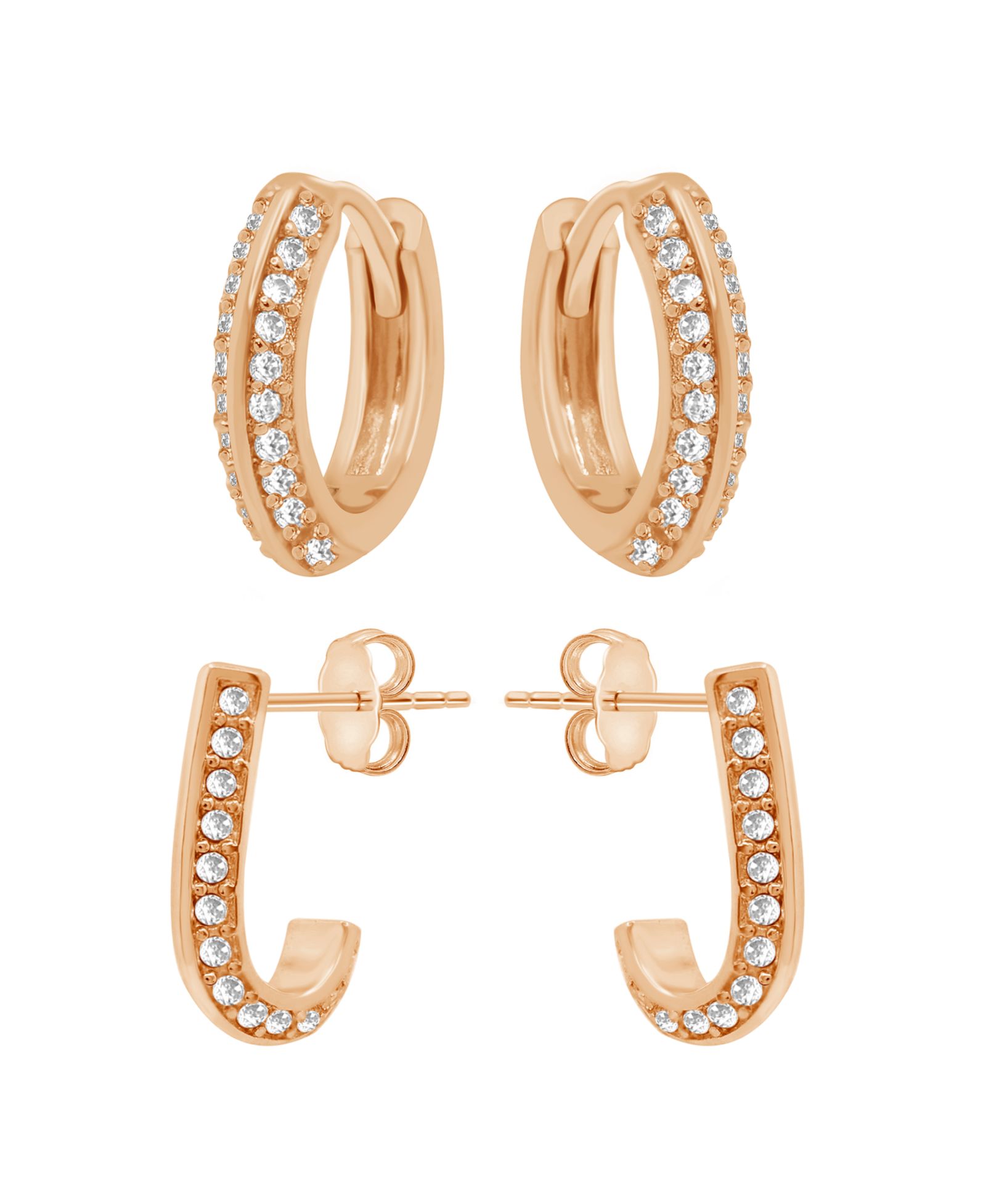 Комплект серег And Now This Cubic Zirconia Crystal Huggie Hoop и J Hoop Duo, Rose Gold Plate