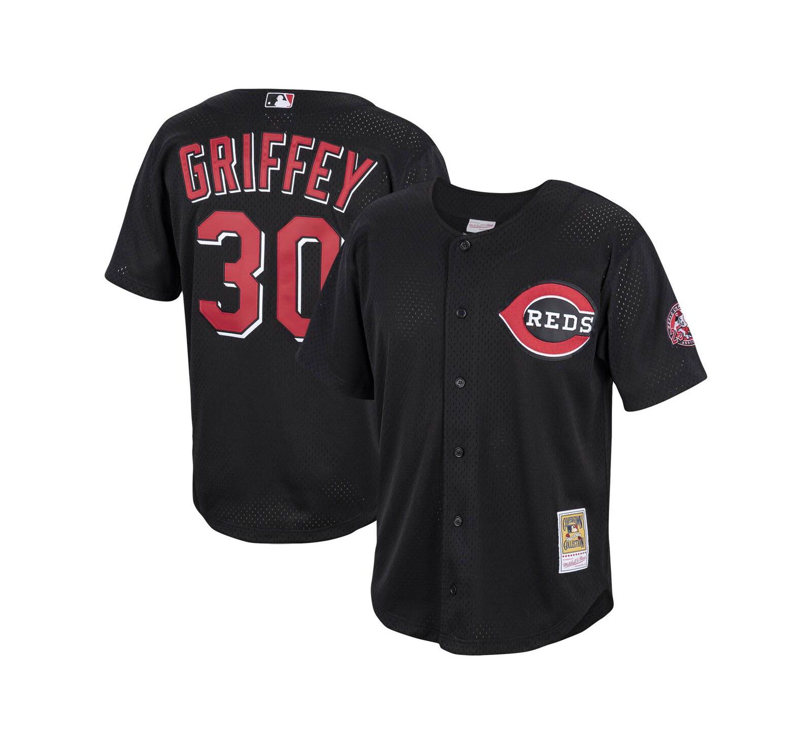 Men's Mitchell & Ness Ken Griffey Jr. Black Cincinnati Reds Cooperstown Collection Mesh Batting Practice Button-Up Jersey