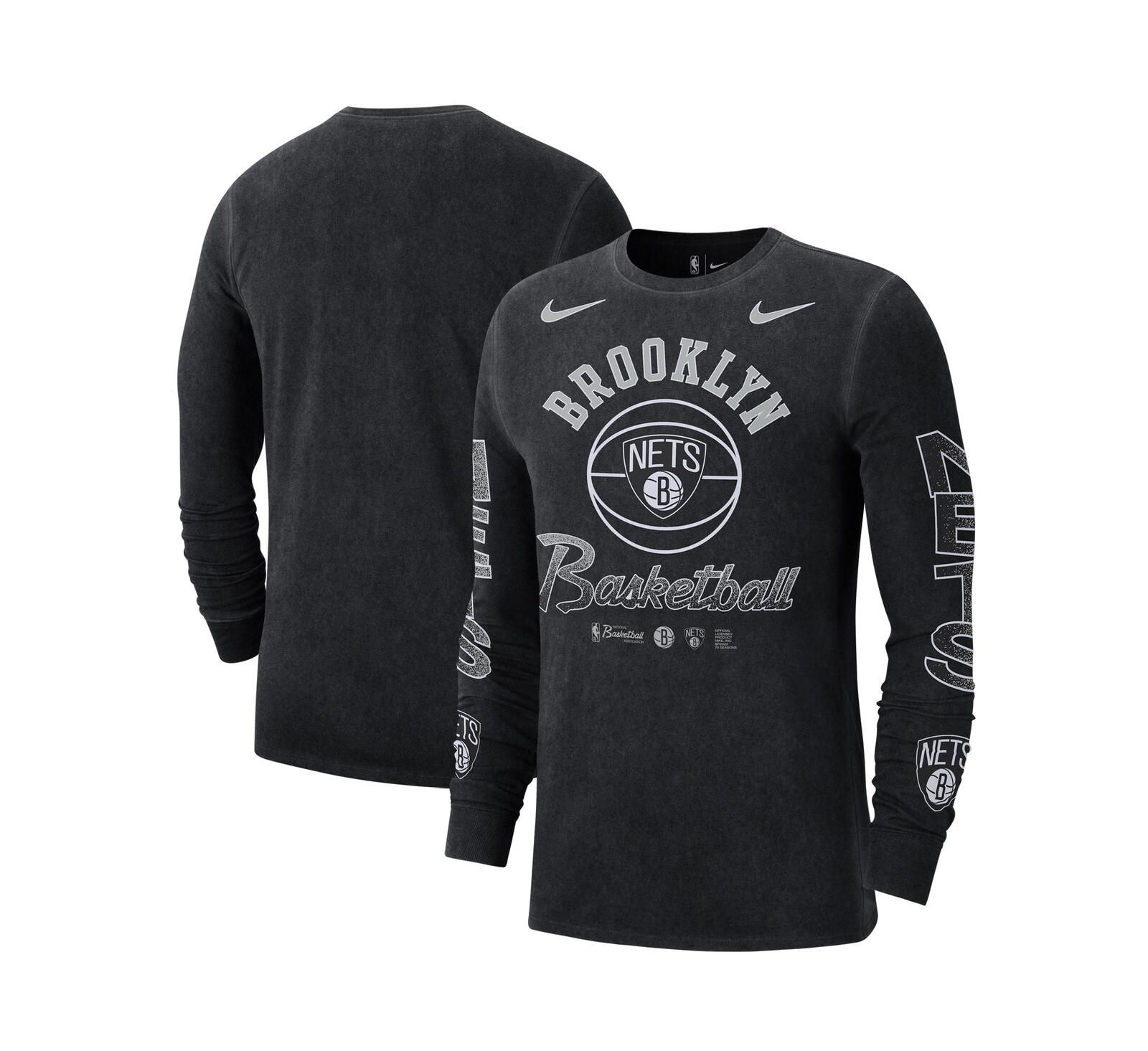 Men's Nike Black Distressed Brooklyn Nets Courtside Retro Elevated Long Sleeve T-shirt